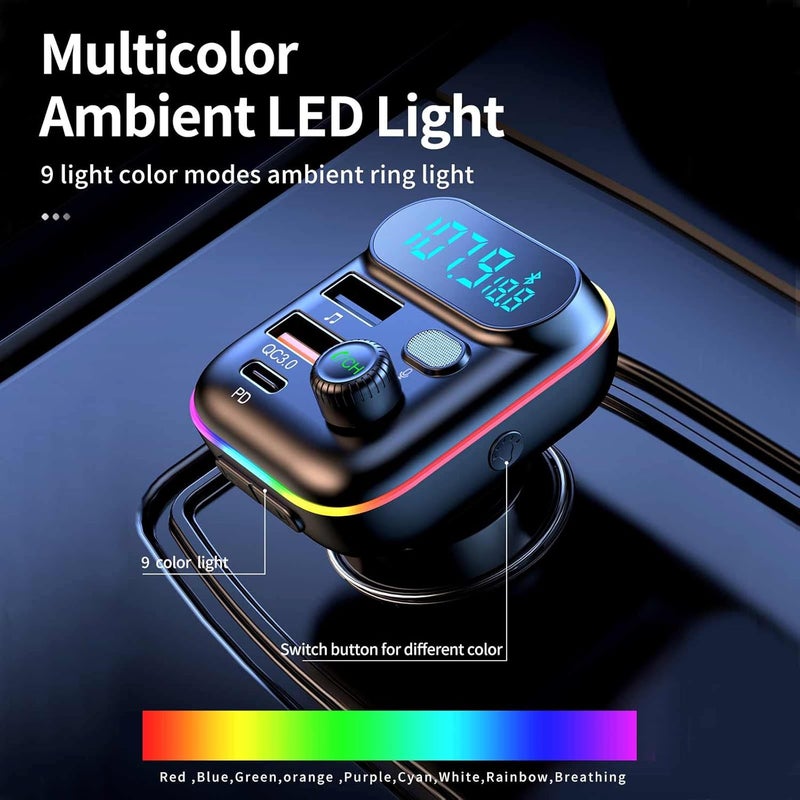 Sanxup Bluetooth Adapter for Car, Wireless FM Radio Transmitter, Wireless Bluetooth 5.0, MP3 Music Player, QC3.0 + PD 20W USB Car Charger, 7 Colors LED Backlit - Image 2